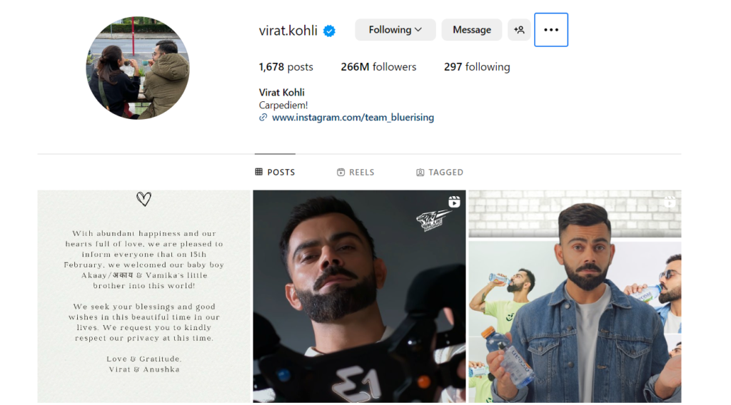 Virat Kohli Instagram Followers and Post Prices